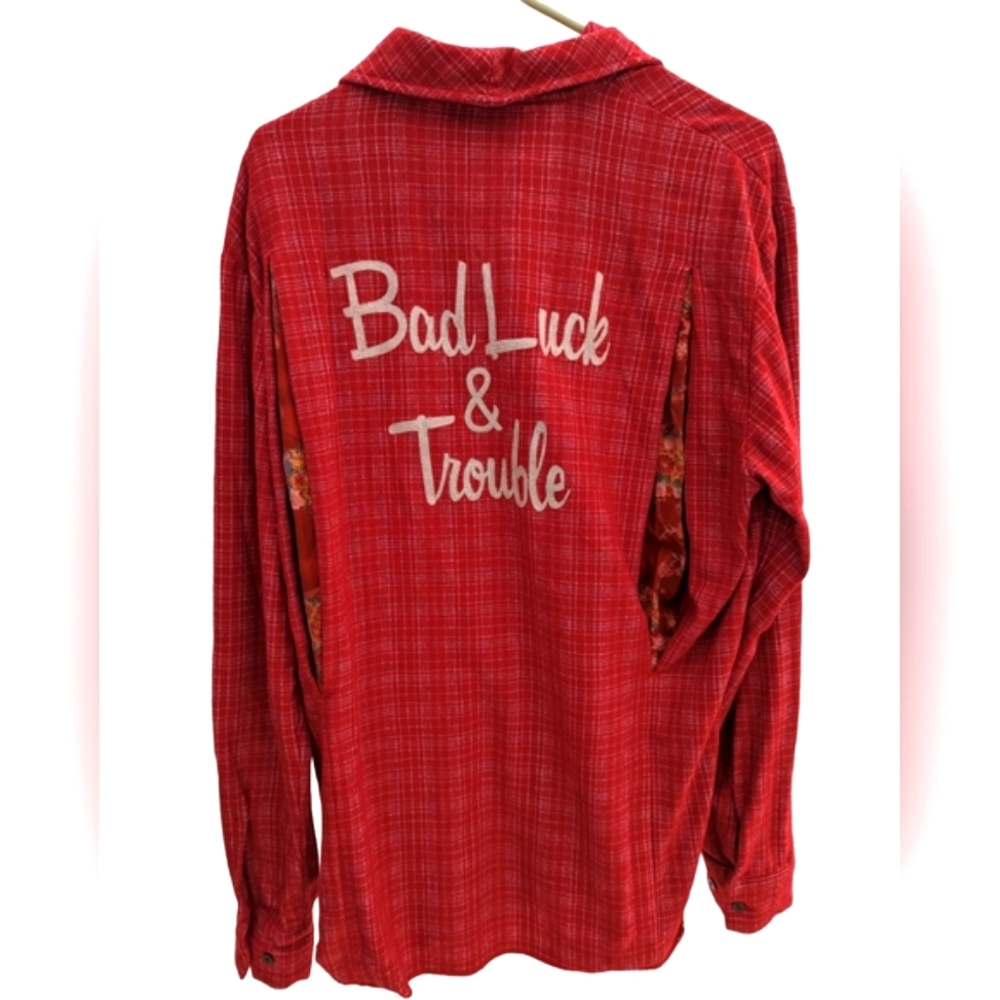 *Rare* FiberOps | Plaid Wool Flannel 'Bad Luck & Trouble' Spellout Kimono Medium